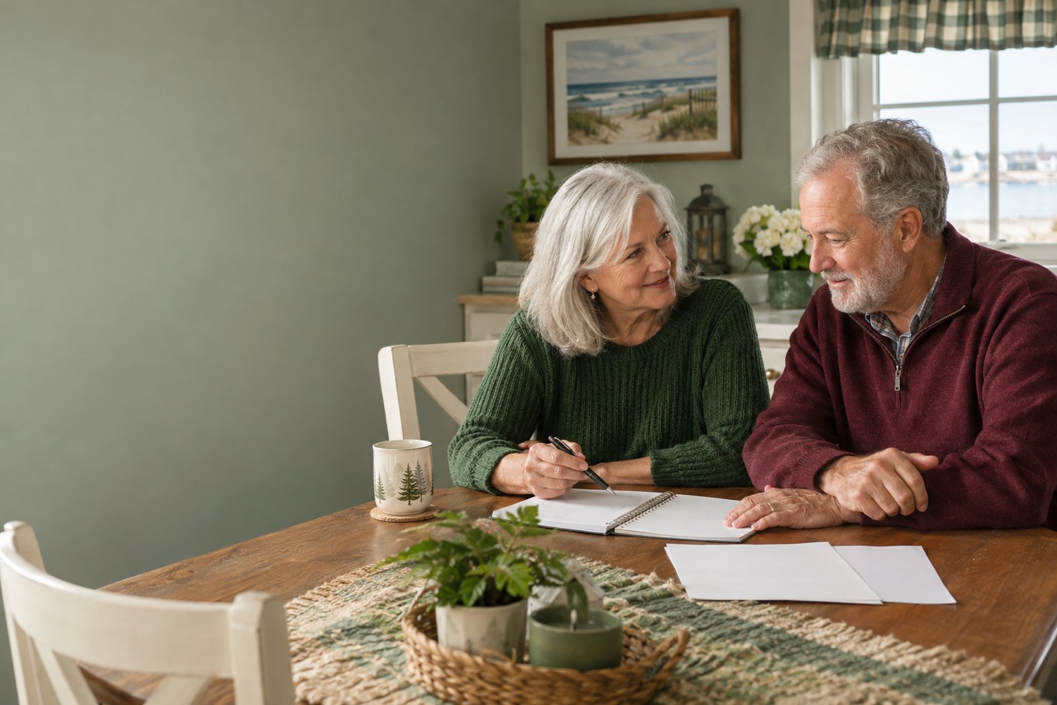 Older couple reviewing a notebook at their kitchen table