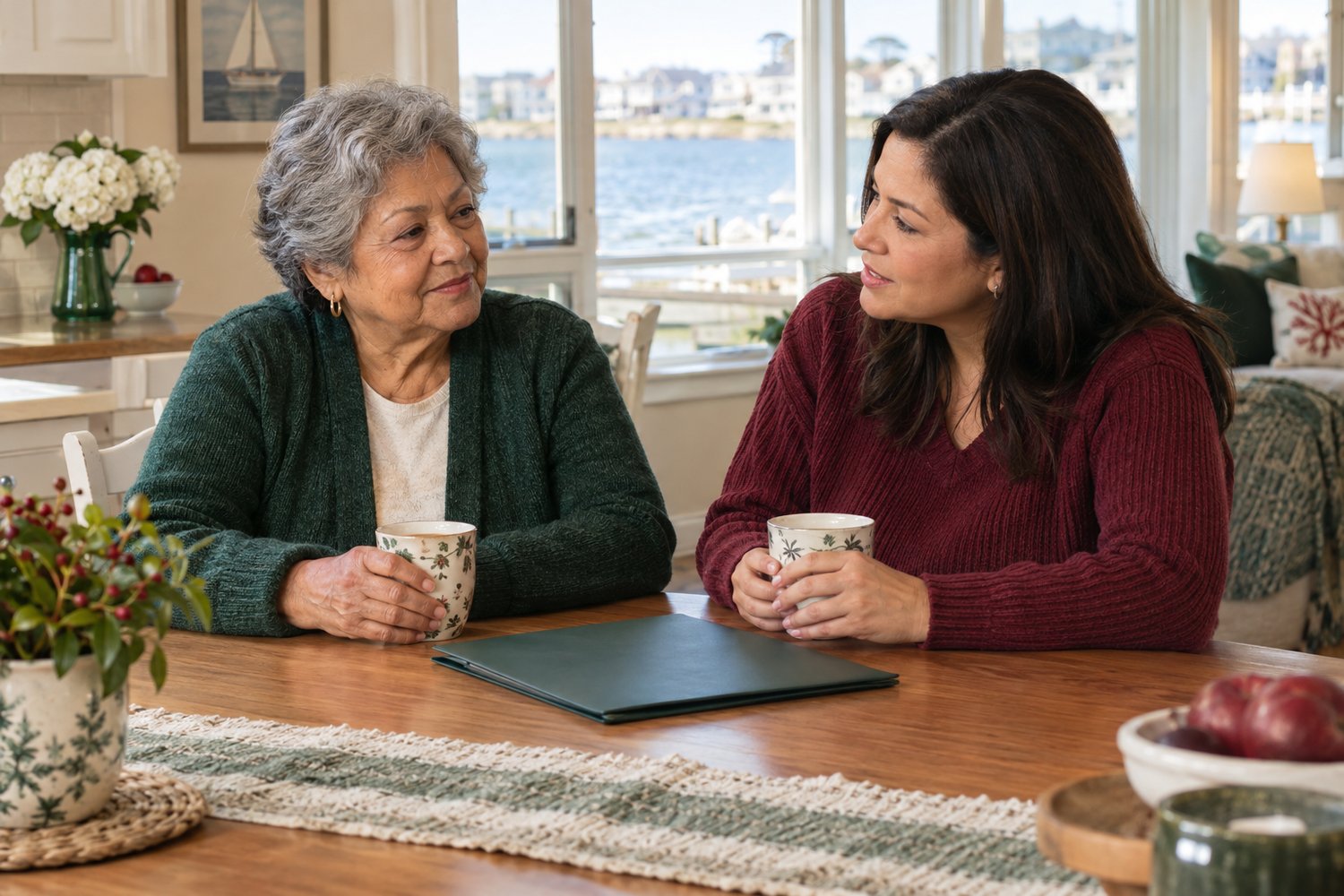 Older woman and adult daughter discussing a folder at home