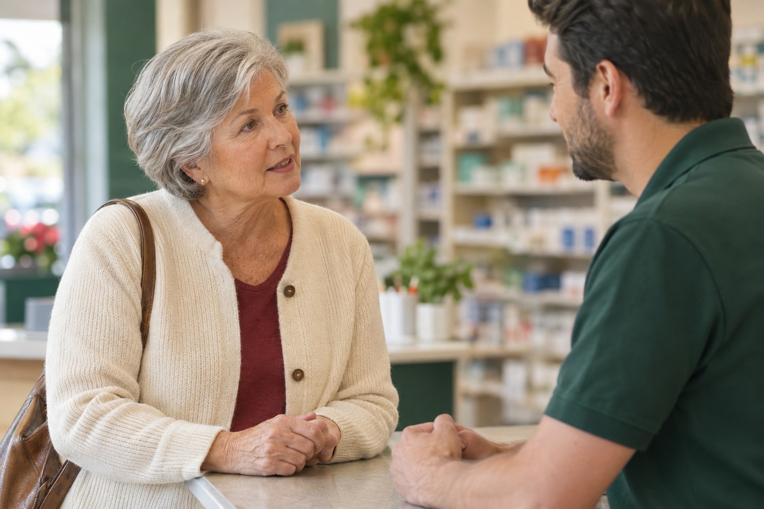 Older woman speaking with a pharmacist at the counter