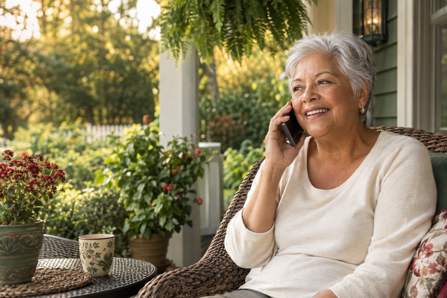 Older woman speaking on a smartphone on her porch
